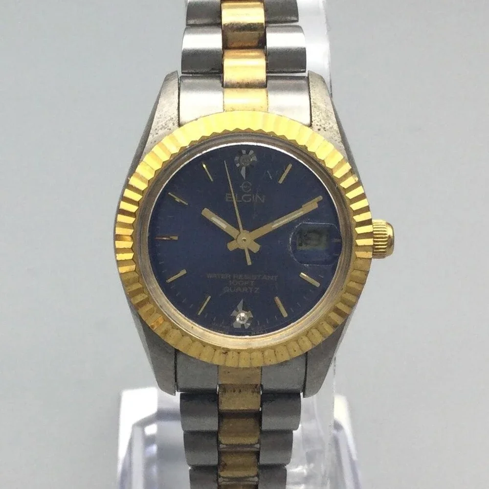 Elgin Womens Watch 25mm Blue Dial Two Tone Date Diamond Fluted New Battery 7